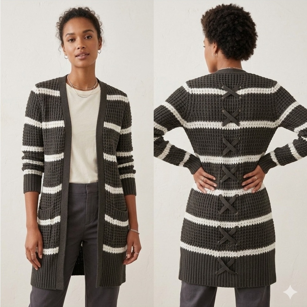 Pink Rose Lace-Up Back Drab Olive White Striped Knit Long Cardigan Sweater S